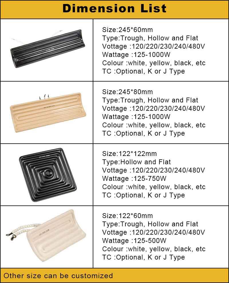Velikost kvadratnega daljinskega infrardečega keramičnega grelnika Square Flat Far Infrared Ceramic Heater sizes
